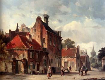 阿德裡亞努斯 埃沃森 View Of Town With Figures In A Sunlit Street 阿德裡亞努斯 埃沃森 View Of Town With Figures In A Sunlit Street